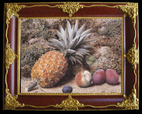 framed  John Sherrin A Pineapple,a Peach and Plums on a mossy Bank (mk37), Ta119-3